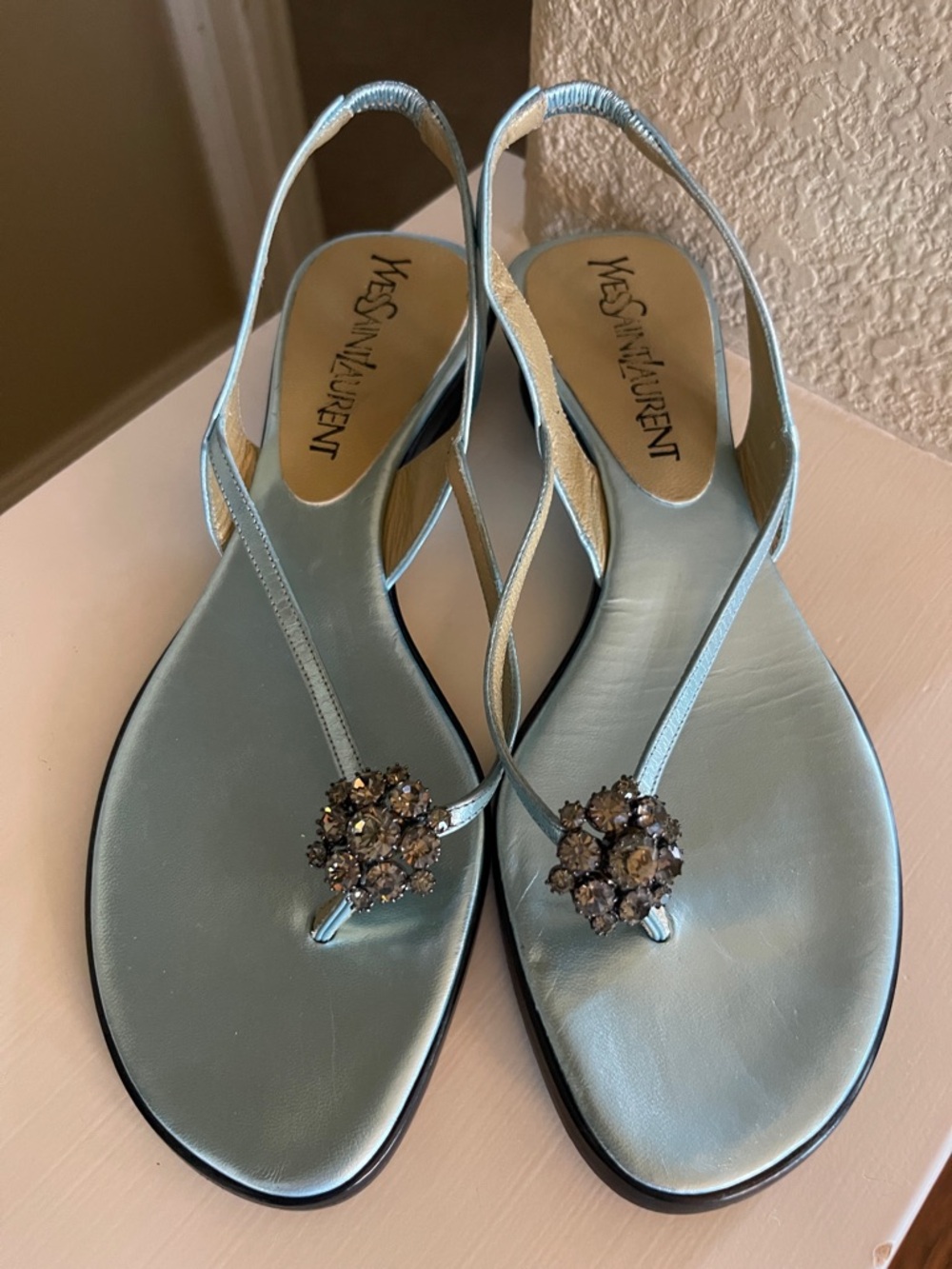 Yves Saint Laurent  Aqua Pearl leather sandals with rhinestones